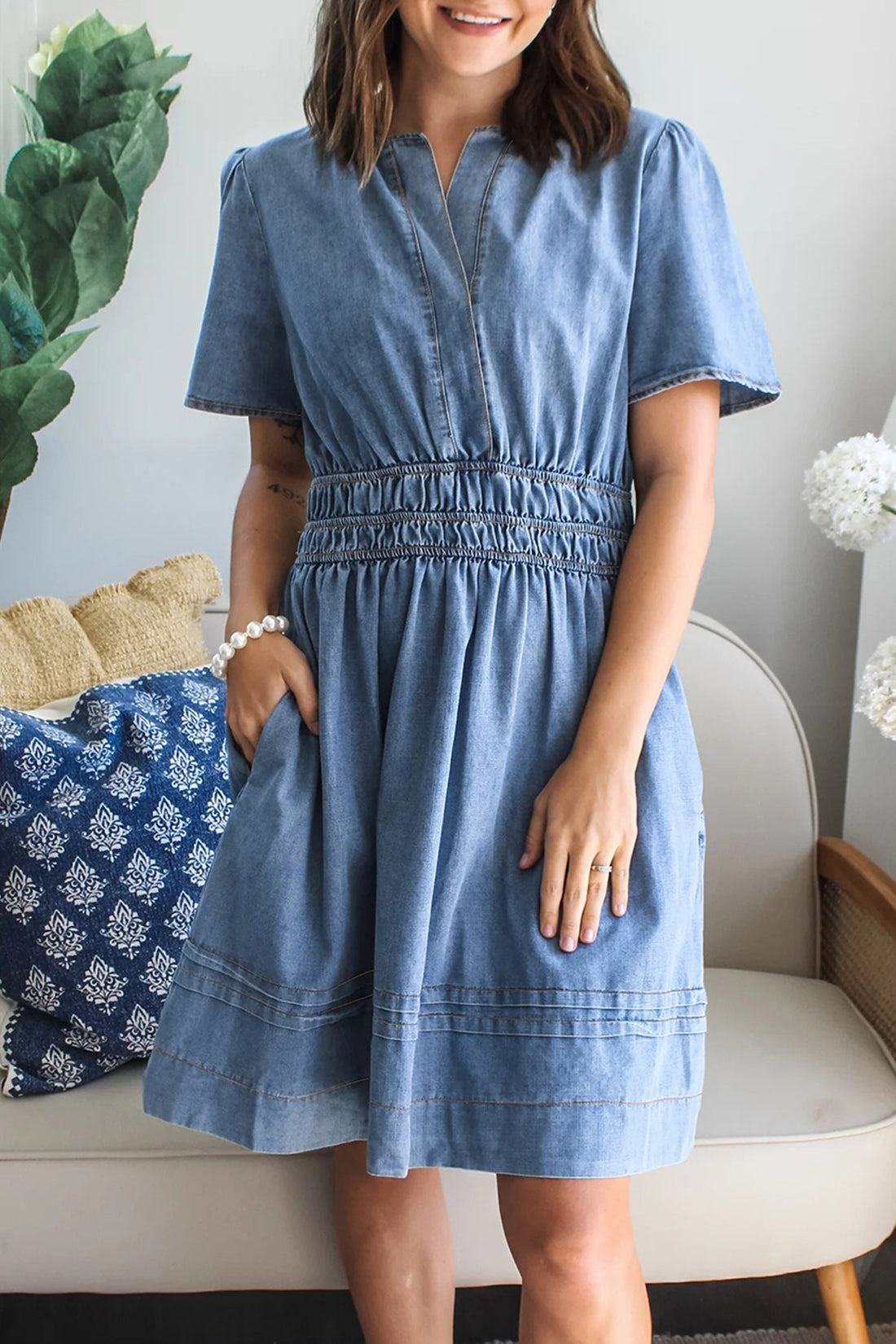 Elastic Waist Short Sleeve Denim Mini Dress