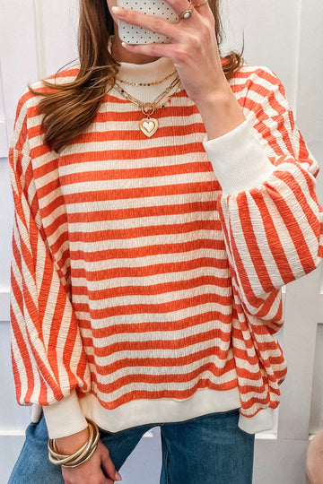 Striped Textured Stand Neck Oversized Long Sleeve Top – Orange Stripe