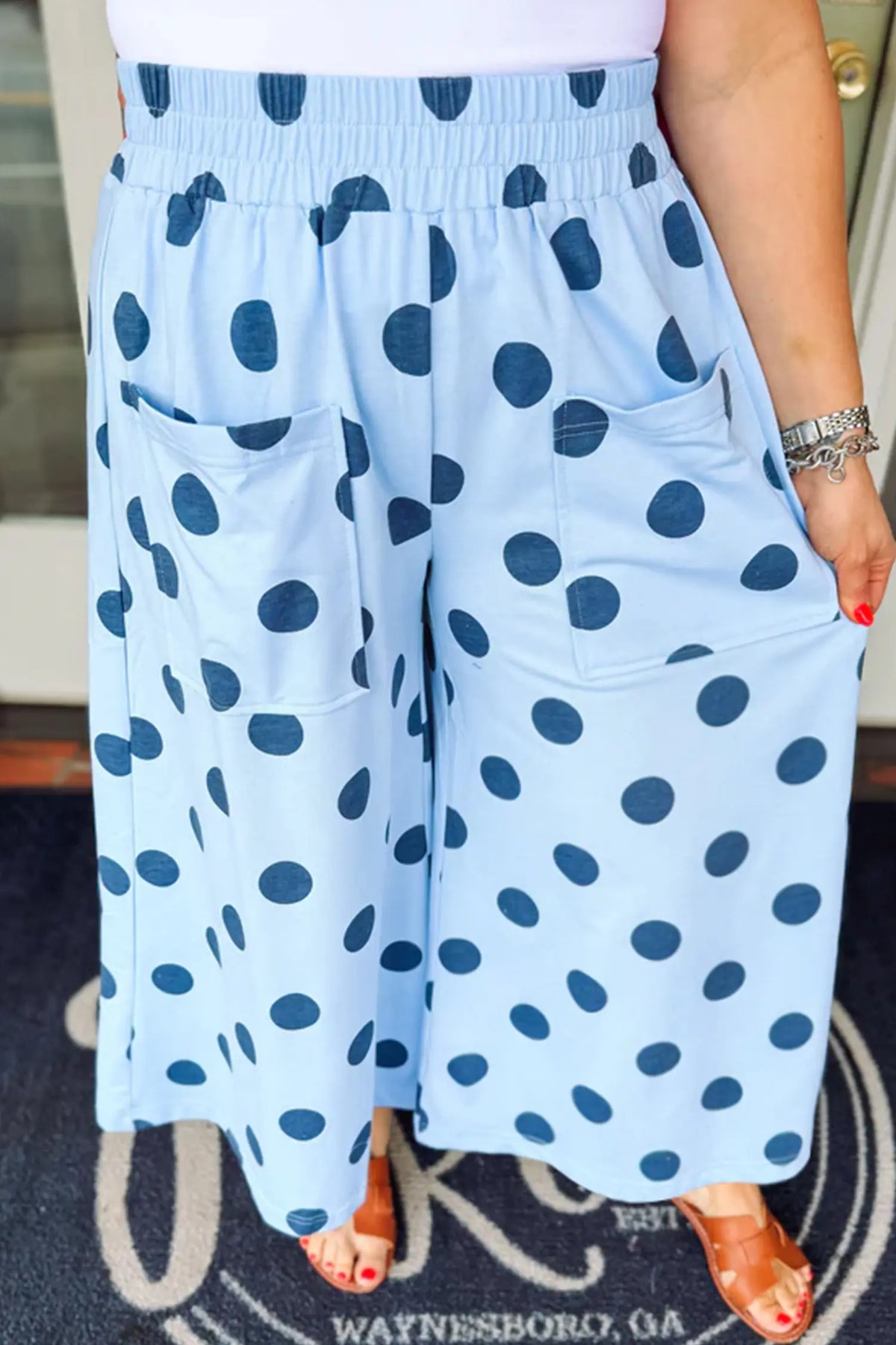 Polka Dot Elastic Waist Wide Leg Plus Size Pants – Khaki