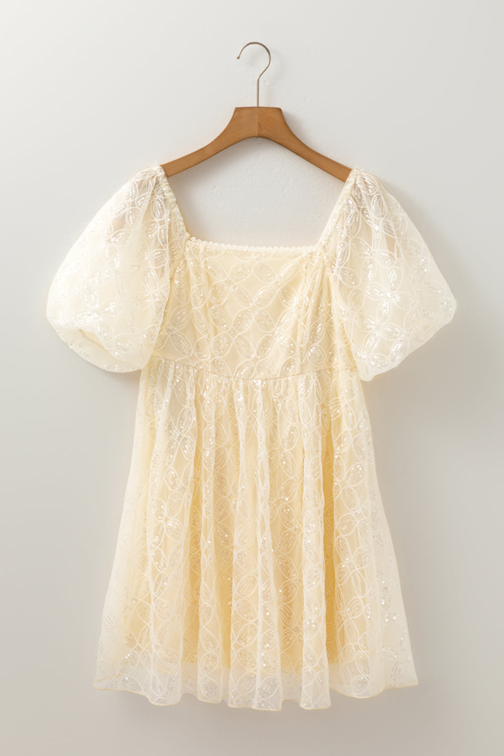 Apricot Sequined Lace Mesh Bubble Sleeve Square Neck Dress eAura