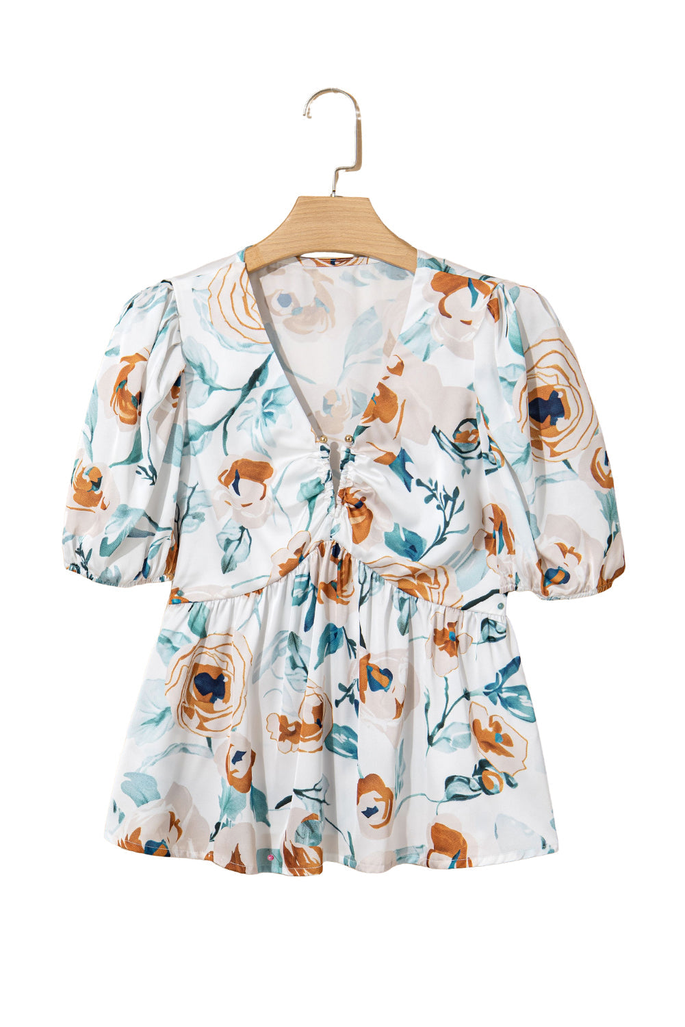 Green Floral Print Puff Sleeve V Neck Babydoll Blouse eAura