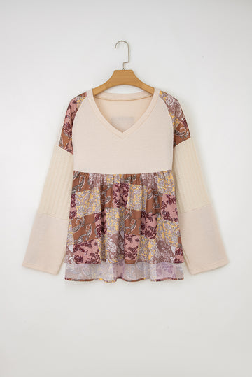 Paisley Print Contrast Patchwork Long Sleeve Loose Top - Tops/Tops & Tees