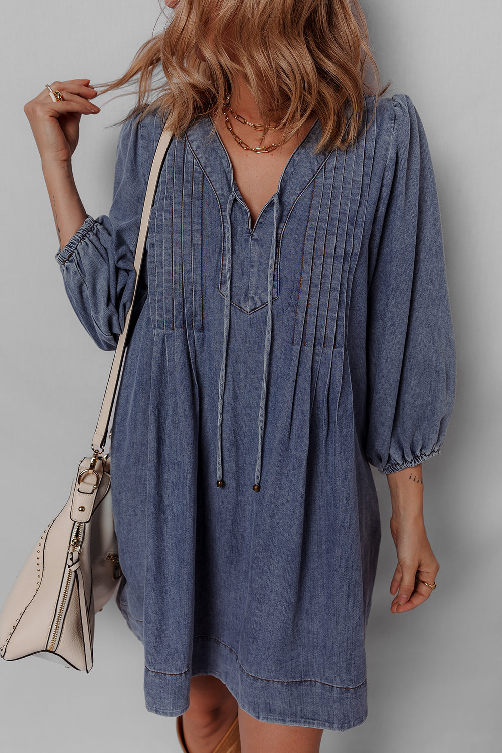 3/4 Sleeve Tied V-Neck Pleated Denim Mini Dress - eAura