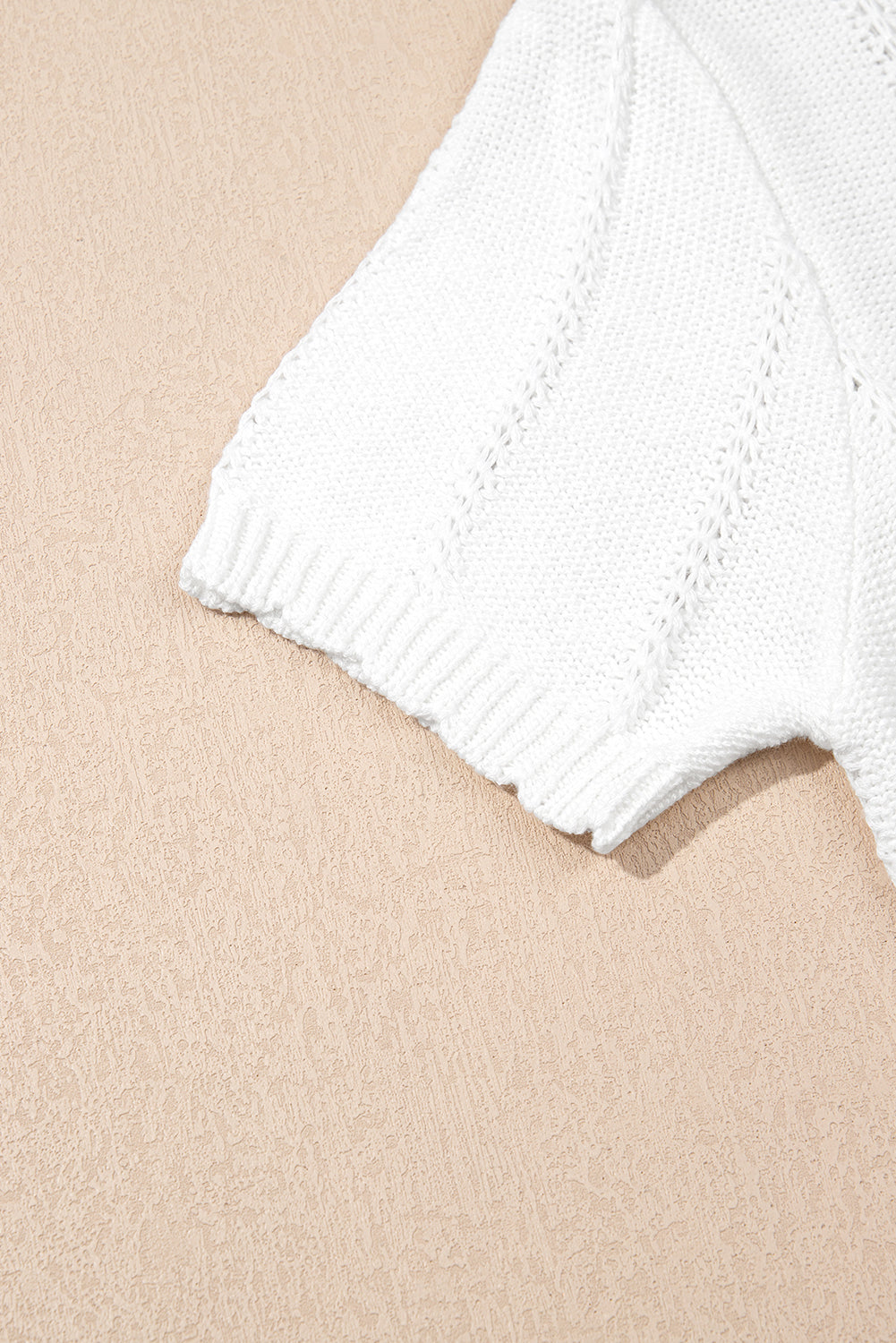 White Pointelle Knit Short Puff Sleeve Crewneck Sweater eAura