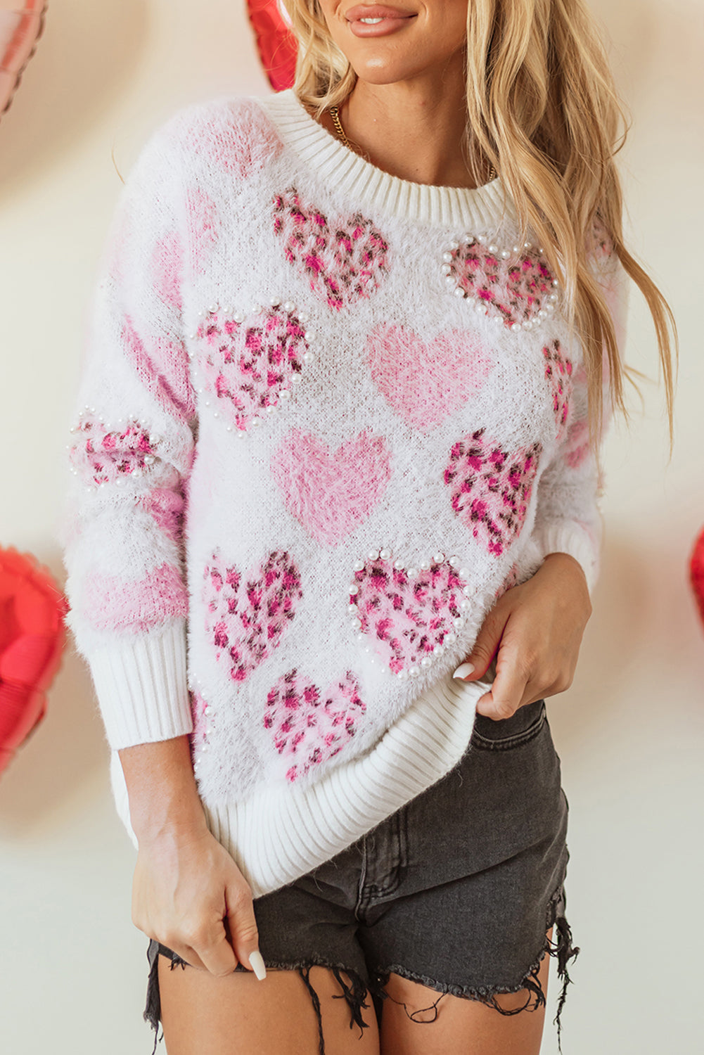 Pink Heart Leopard Print Pearled Ribbed Trim Fuzzy Sweater eAura