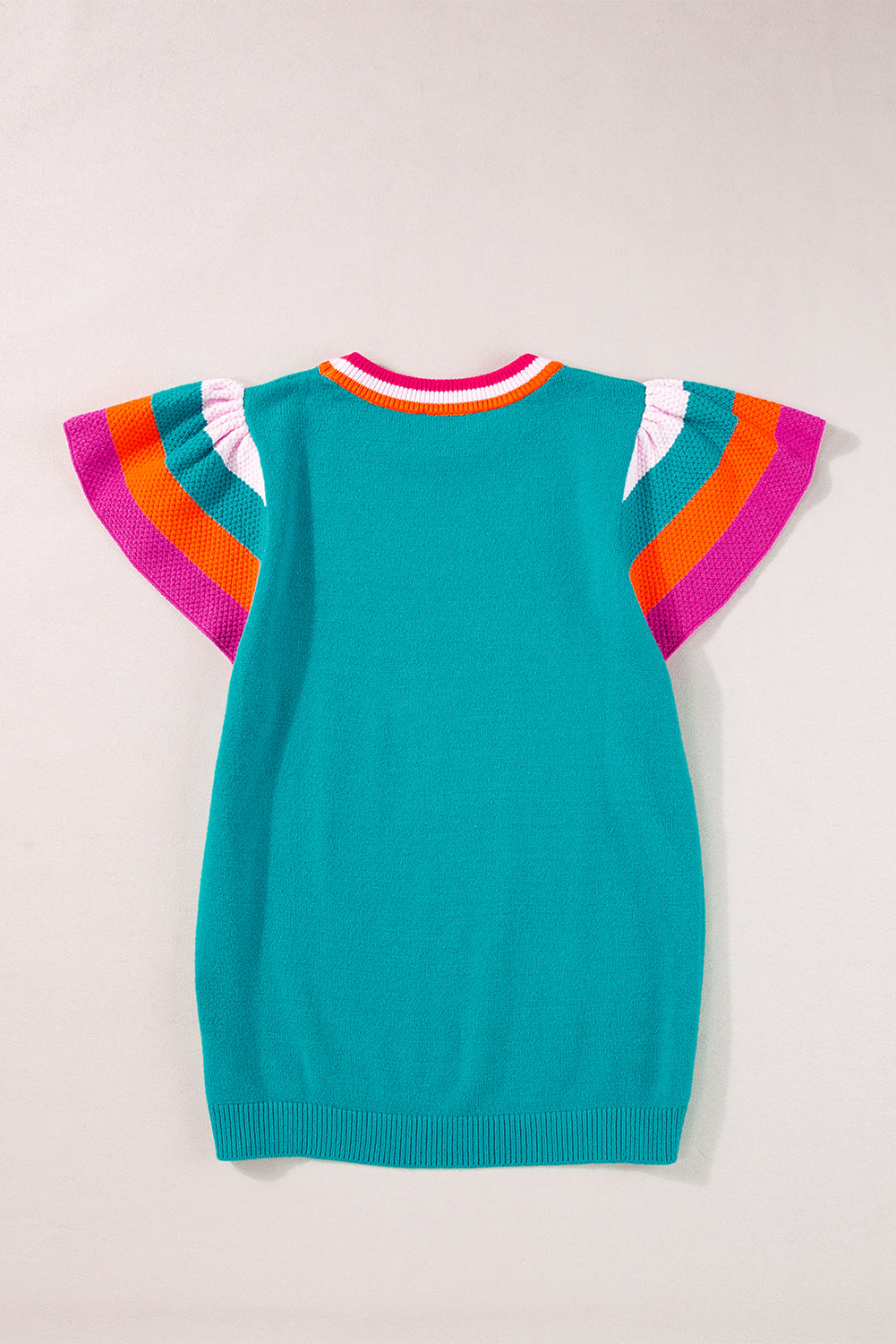 Turquoise Contrast Flutter Sleeves Knitted Sweater T Shirt eAura