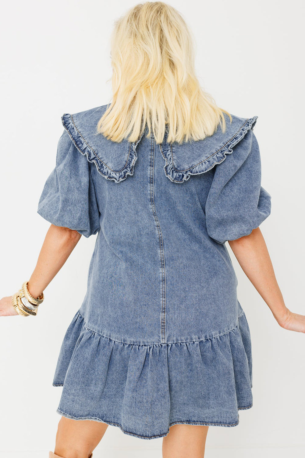 Dusk Blue Ruffled Collared Side Pockets Puff Sleeve Denim Mini Dress eAura