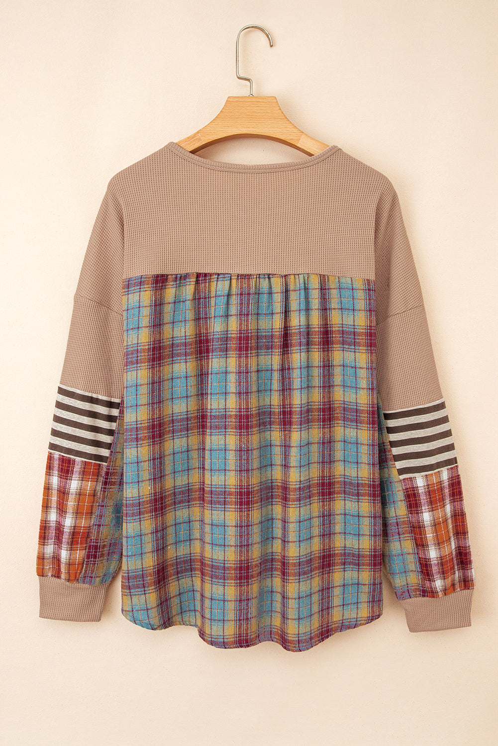 Waffle Striped Plaid Patchwork Henley Knit Top - eAura