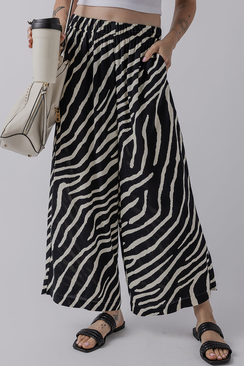 Black Zebra Striped Summer Wide Leg Trousers eAura
