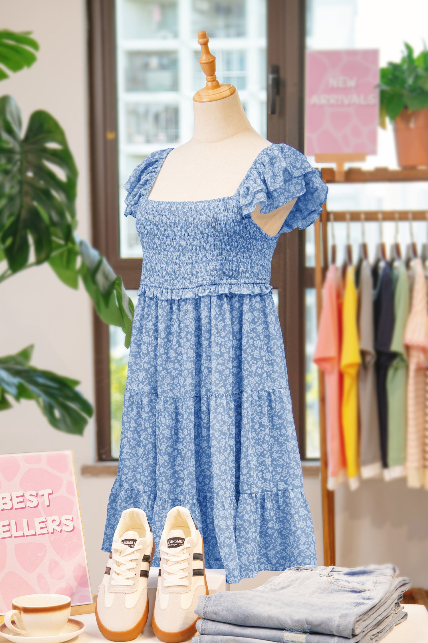 Floral Print Square Neck Flutter Sleeve Smocked Tiered Mini Dress