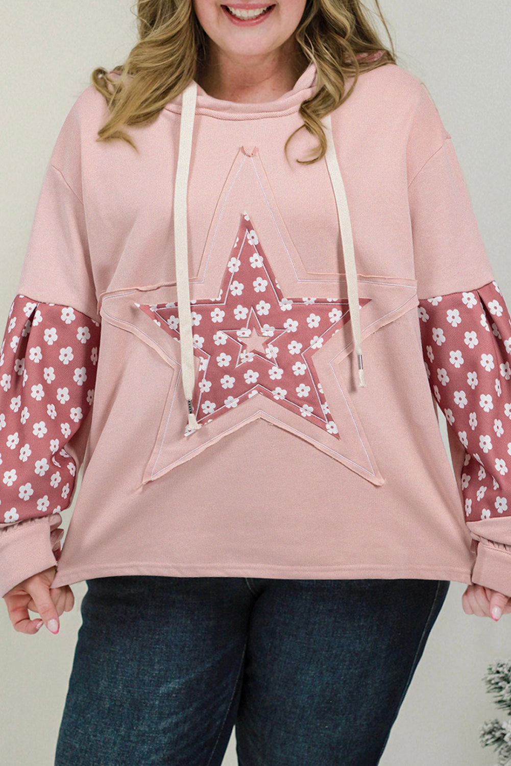 Delicacy Star Patch Graphic Floral Colour Block Drawstring Plus Size Hoodie BB Fashion Outlet