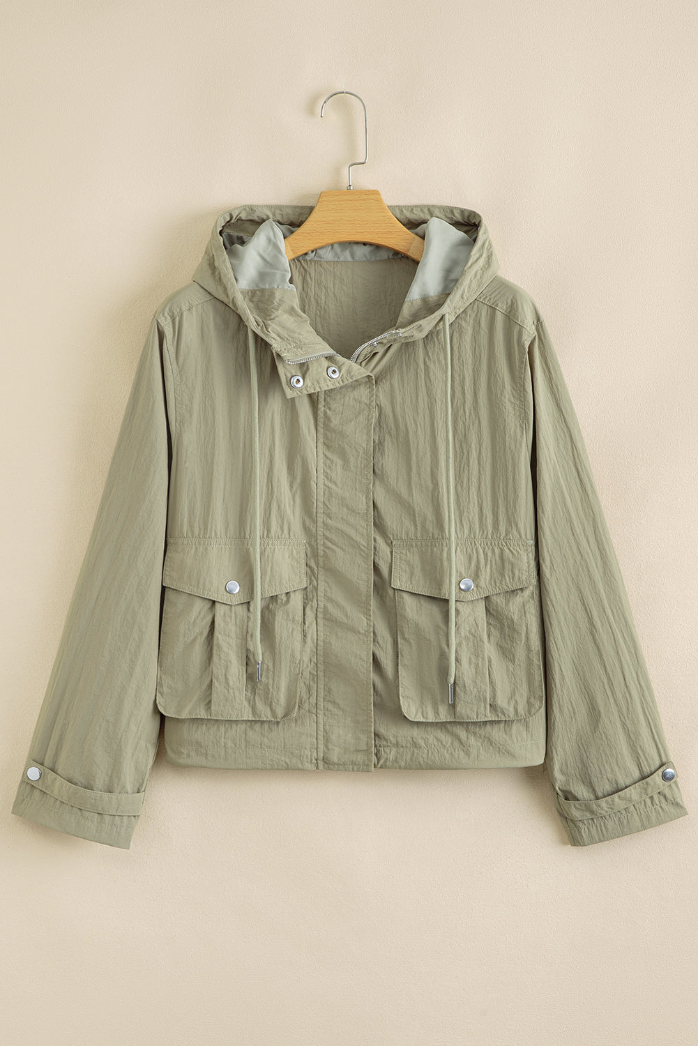 Green Zipped Pocket Cropped Hooded Utility Jacket eAura