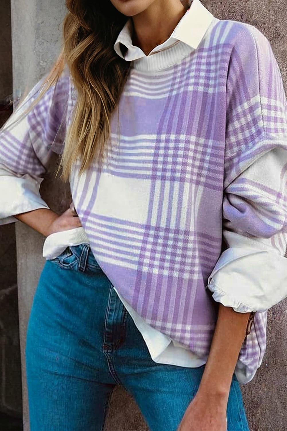 Lilac Plaid Print Ribbed Trim Loose Sweater eAura