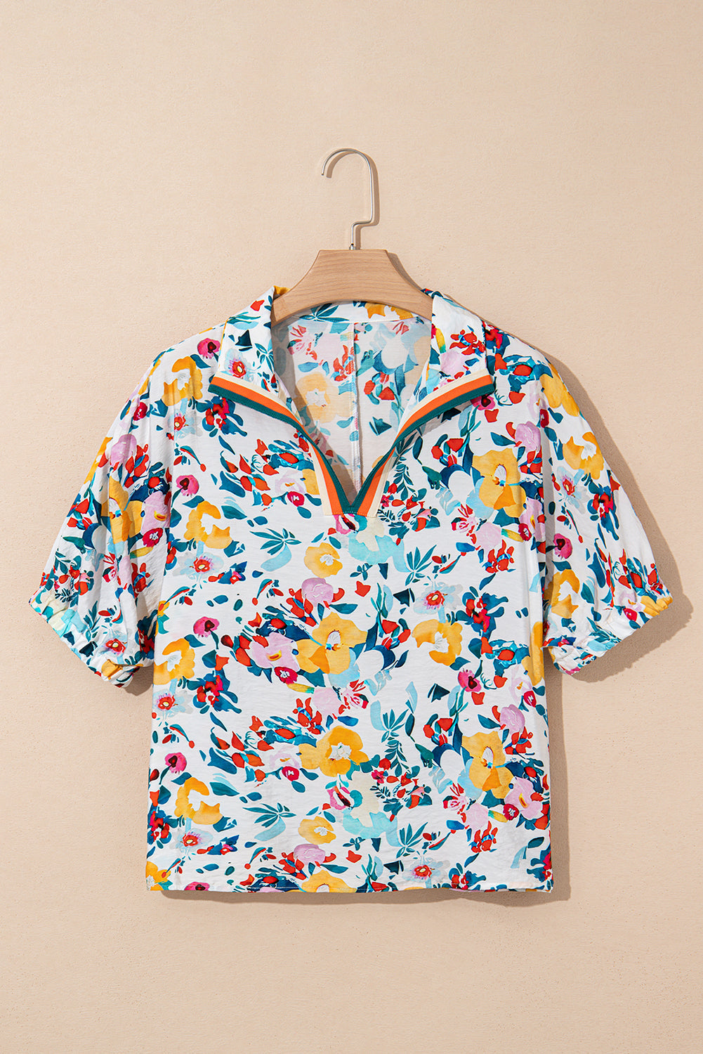Peacock Blue Floral Print Slit V Neck Short Sleeve Blouse eAura