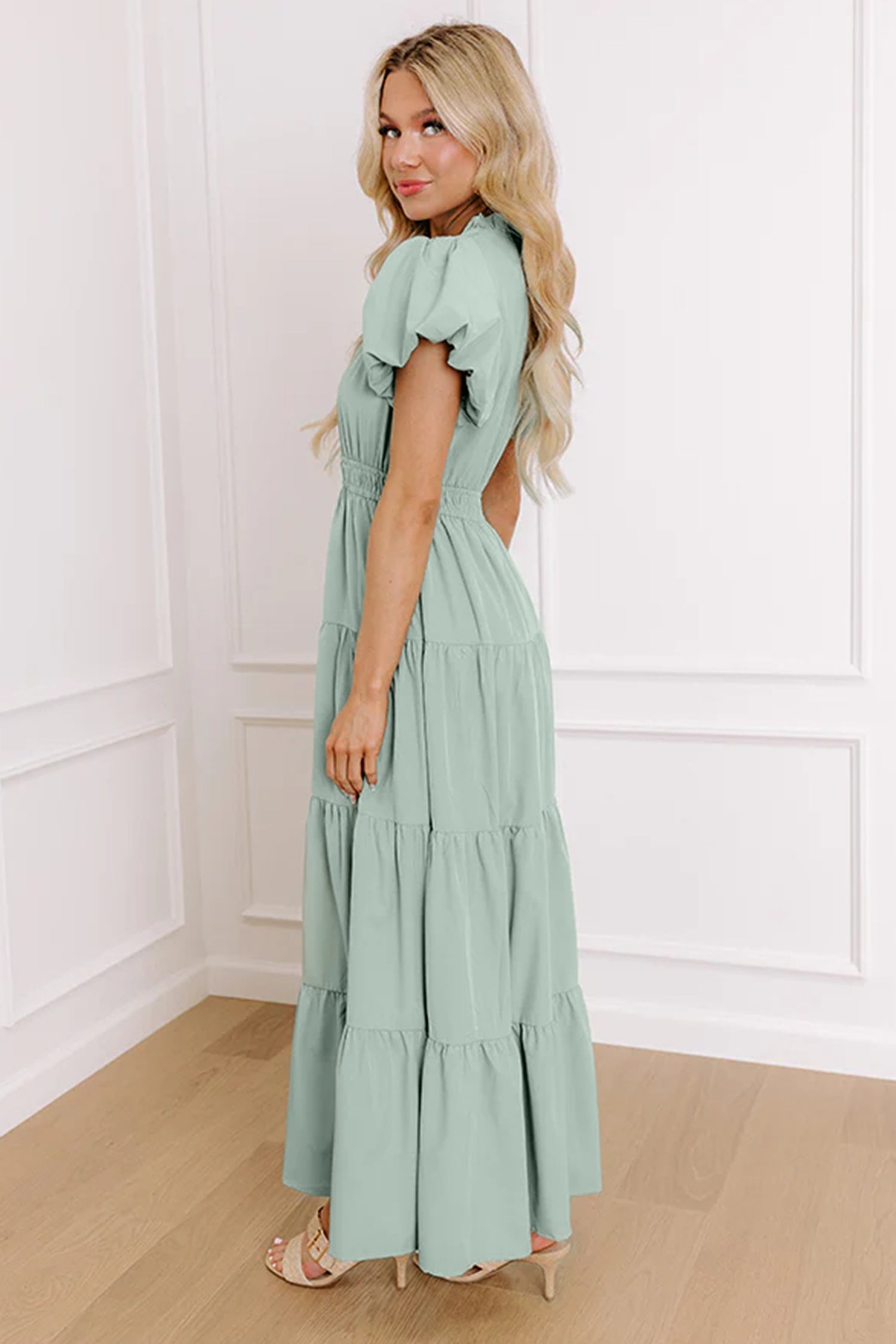 Women's V-Neck Puff Sleeve Tiered Maxi Dress