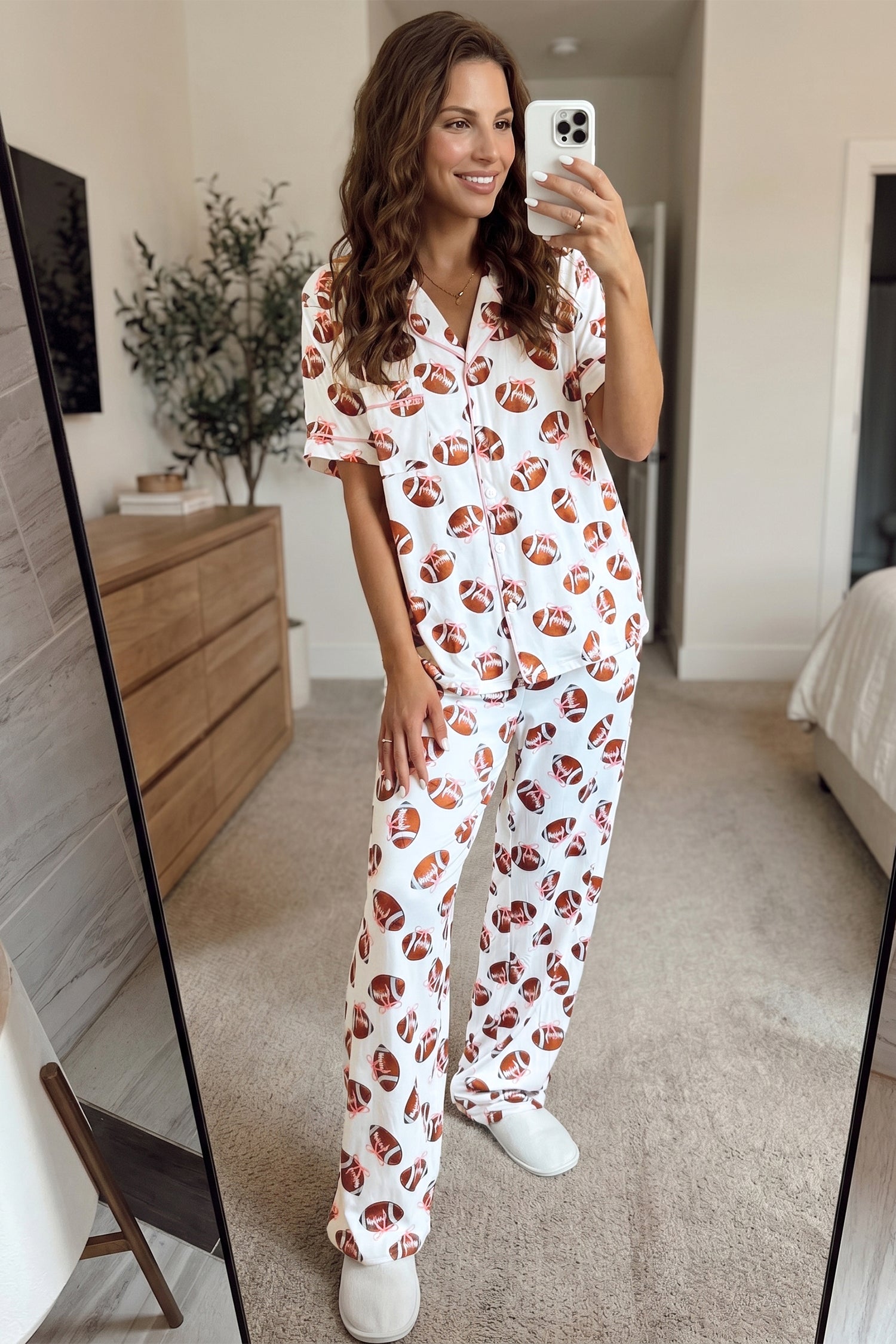 Rugby Print Short Sleeve Button Down Top Loose Pants Game Day Pajama Set – White