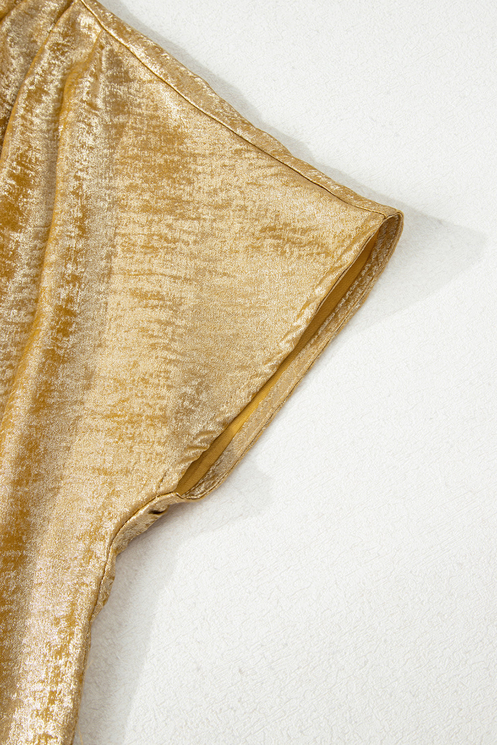 Gold Glossy Round Neck Pleated Detail Short Sleeve Blouse eAura