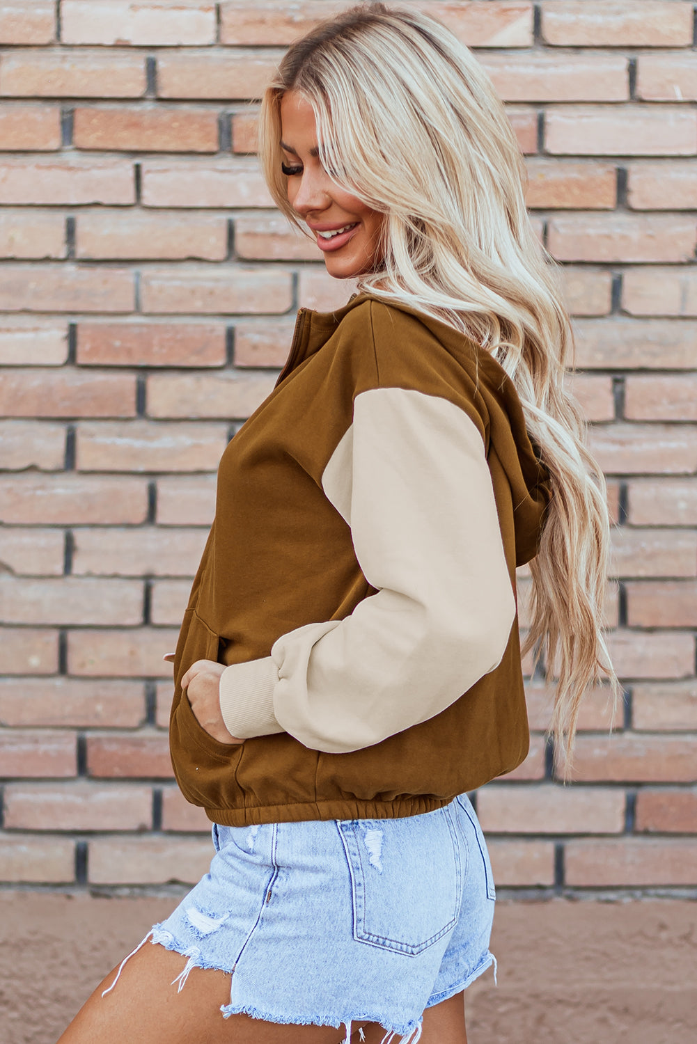 Chestnut Colour Block Half Zip Kangaroo Pocketed Hoodie eAura