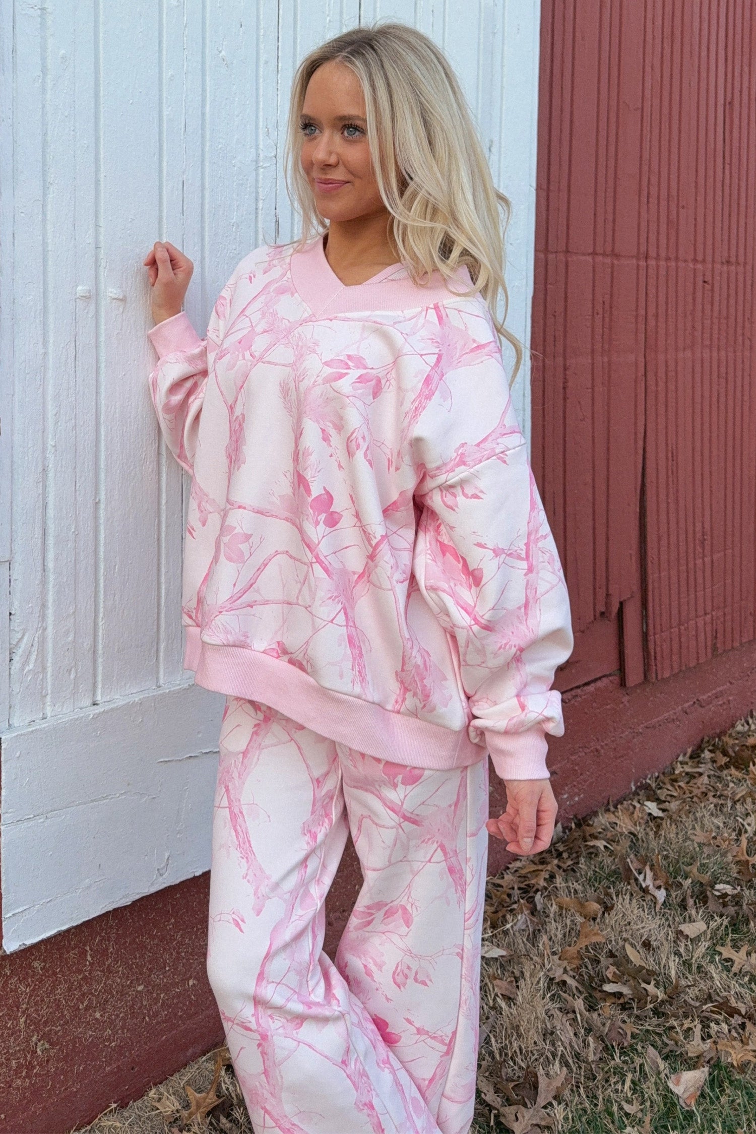 Abstract Plant Print Long Sleeve V Neck Pant Set – Pink