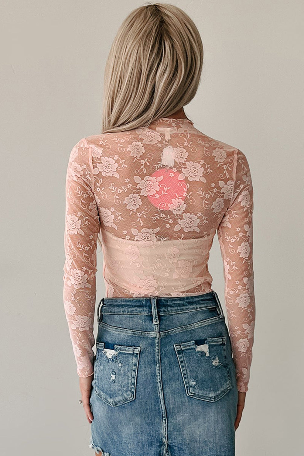 Apricot Pink Mock Neck Floral Lace Mesh Long Sleeve Top - eAura