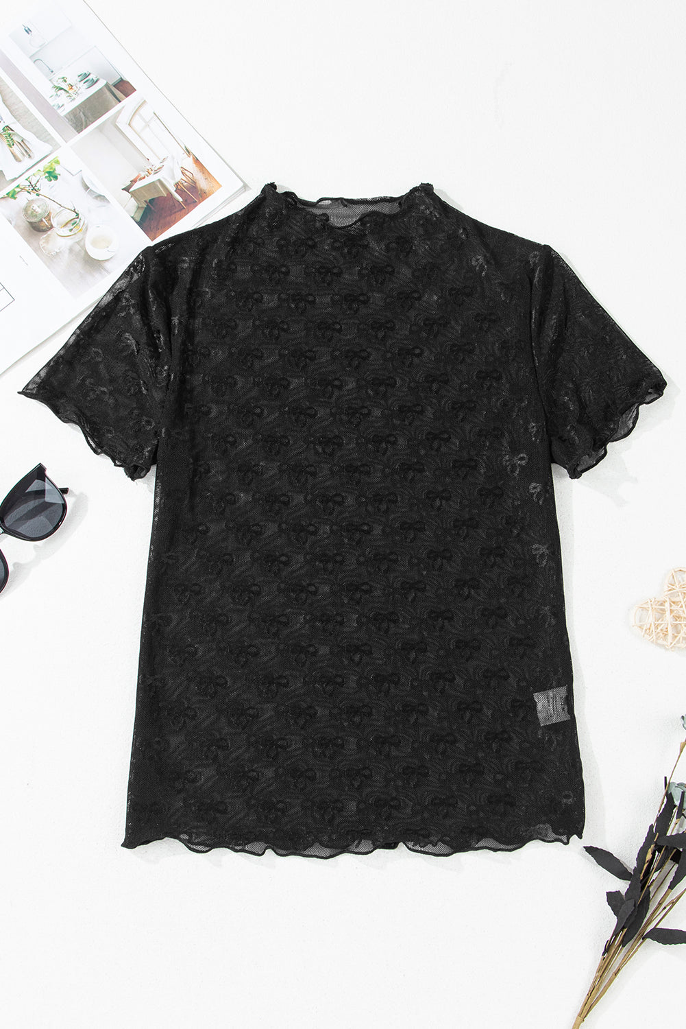 Black Bowknot Sheer Mesh Mock Neck Lettuce Trim Short Sleeve Top eAura