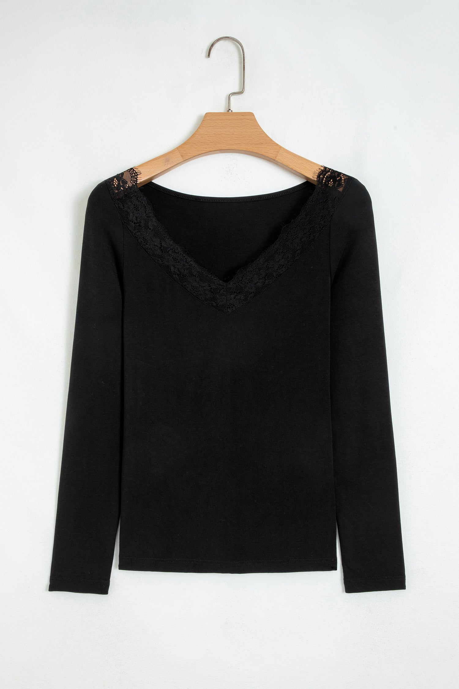 Lace Trim Elegant Neckline Long Sleeve Slim Top – Black