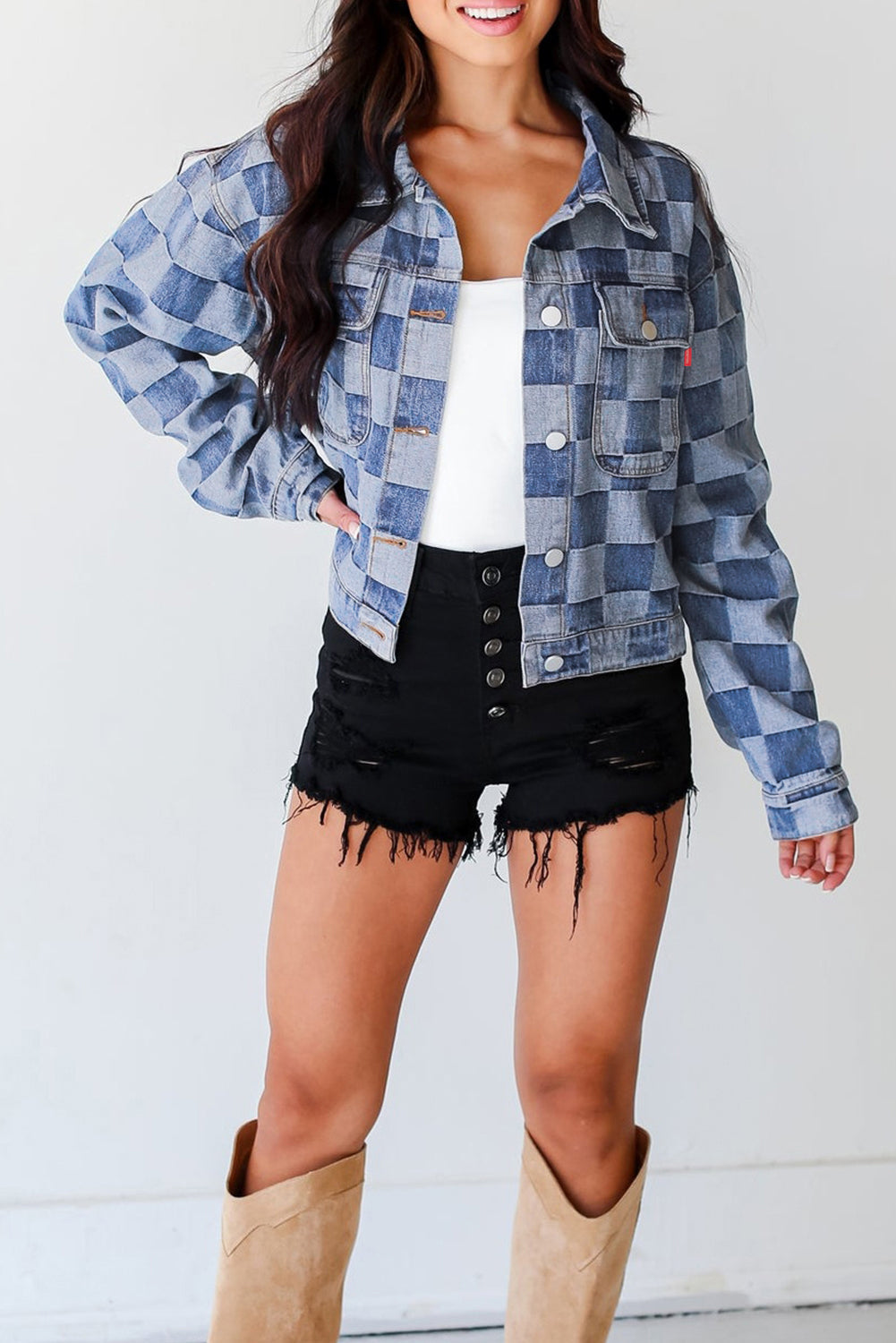 Light Blue Checkered Patchwork Button up Denim Jacket Beagle Boutique Fashion Outlet