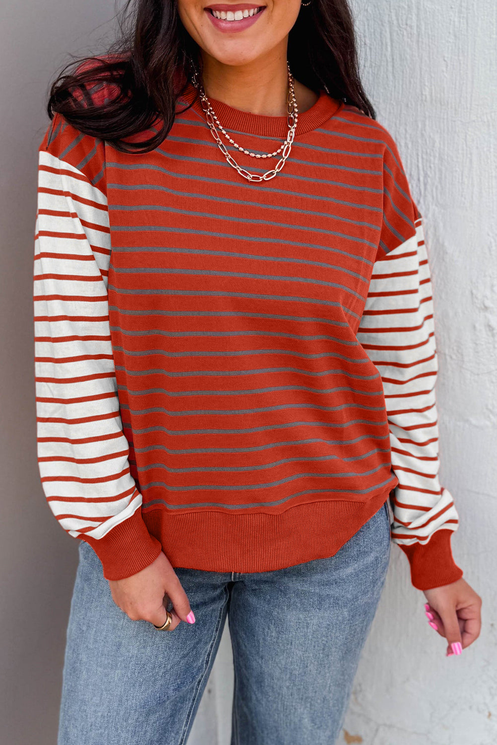 Orange Stripe Contrast Sleeve Patchwork Drop Shoulder Long Sleeve Sweatshirt - eAura