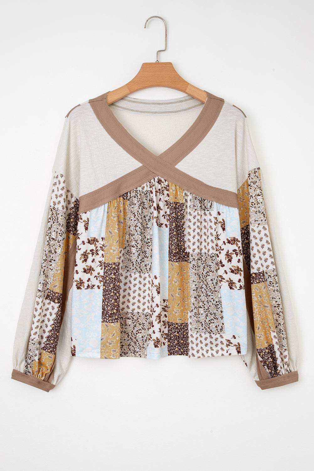 Floral Printed Contrast Patchwork Long Sleeve Top - eAura