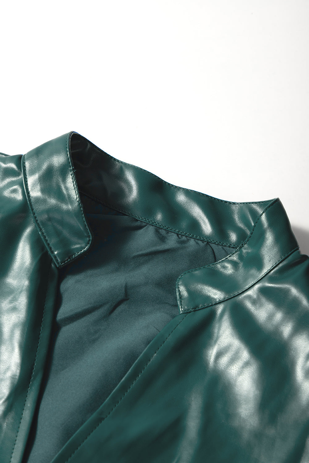 Sea Green Notched V Neck Short Puff Sleeve PU Leather Blouse eAura