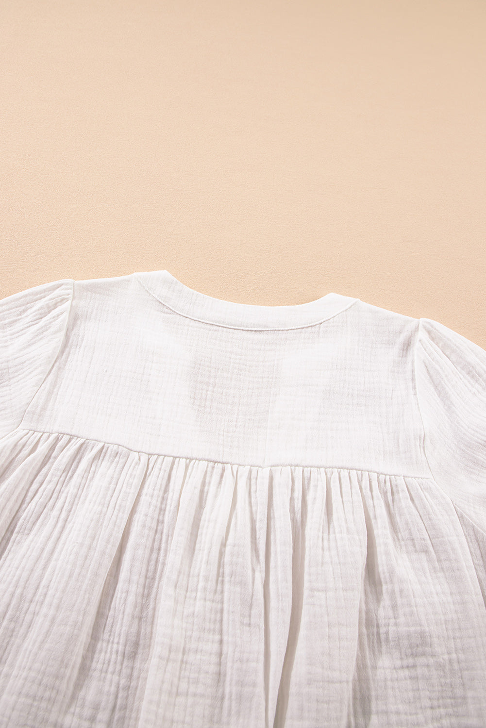 White Textured Short Sleeve Buttons Frayed Blouse eAura