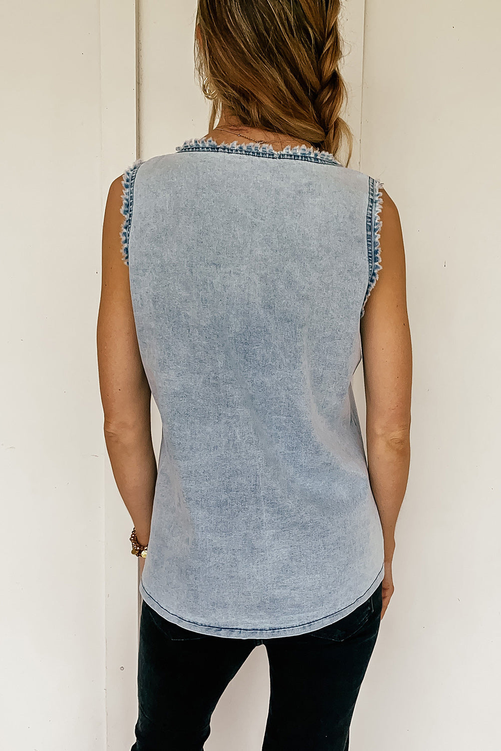Beau Blue Mineral Wash Denim Frayed Scoop Sleeveless Top eAura