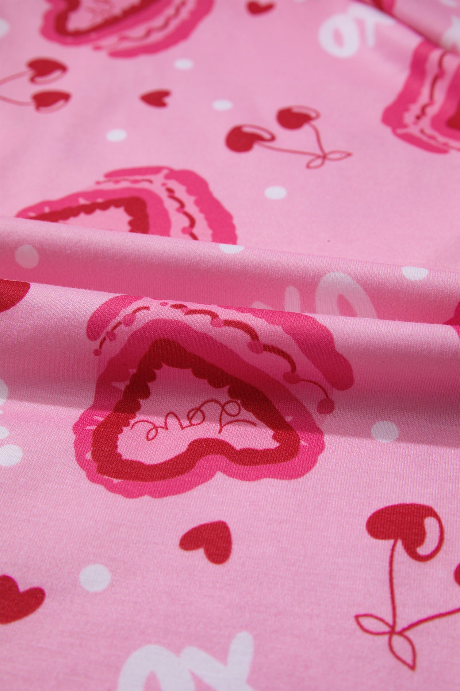 Sweet Heart Cake Print Contrast Ruffle Trim Valentines 2pcs Pajama Set – Pink