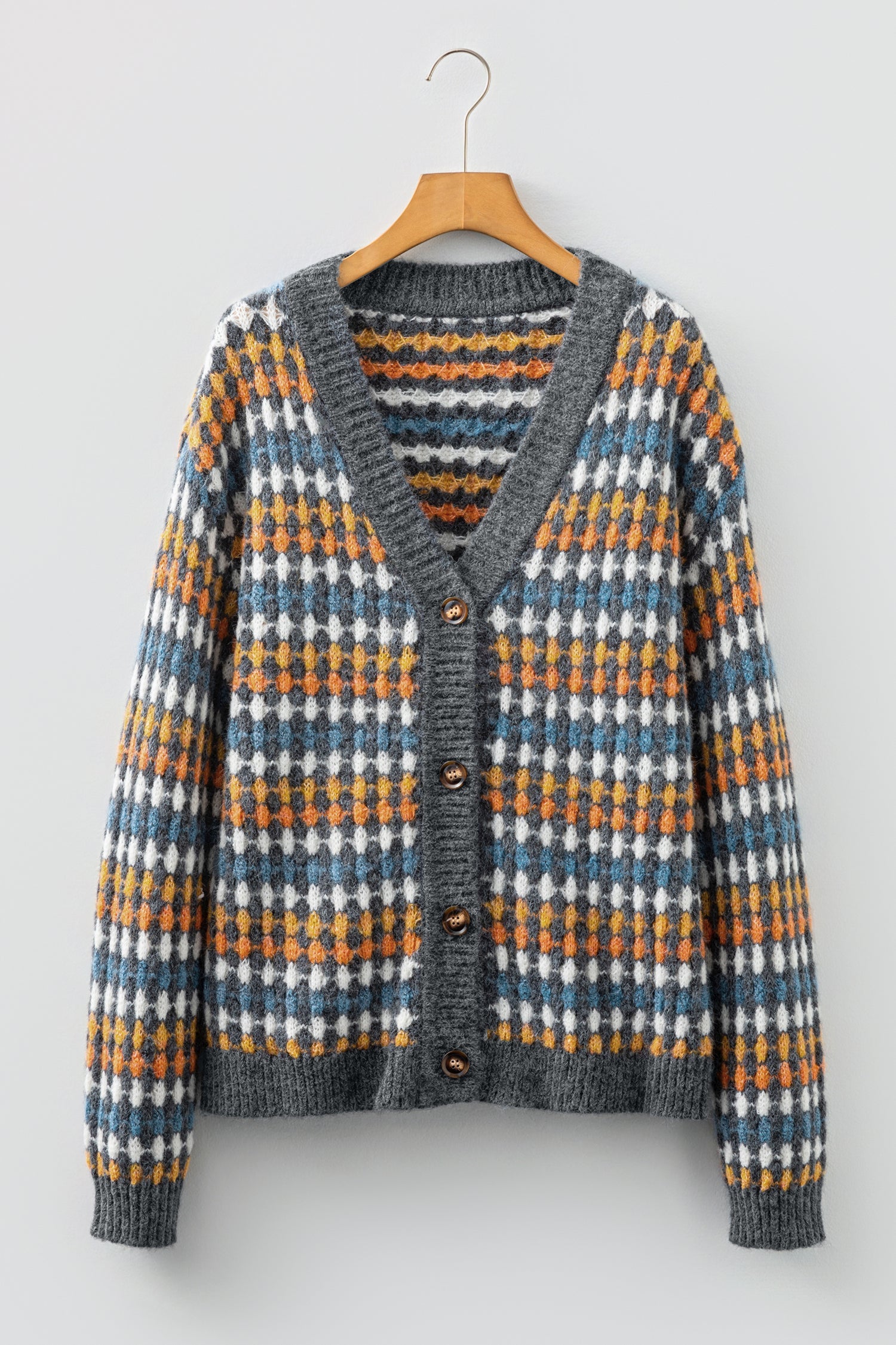Multicolour Dotty Pattern Knit Button Front V-Neck Sweater Cardigan - eAura