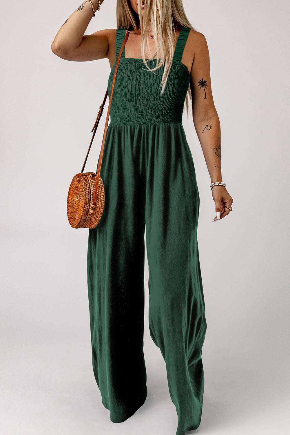 Green Smocked Sleeveless Wide Leg Jumpsuit with Pockets eAura
