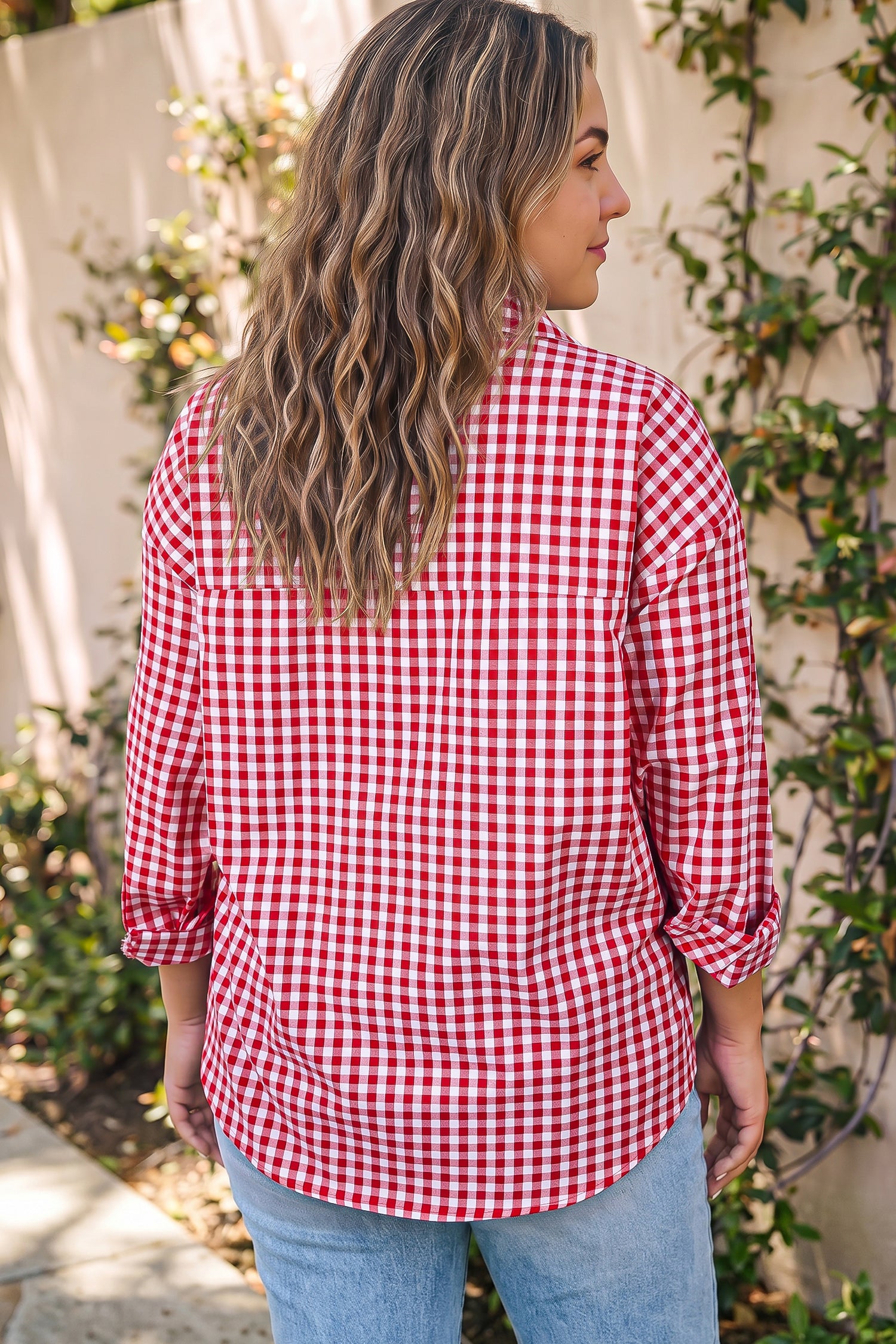 Plaid V Neck Long Sleeve Tunic Loose Fit Plus Size Shirt – Red
