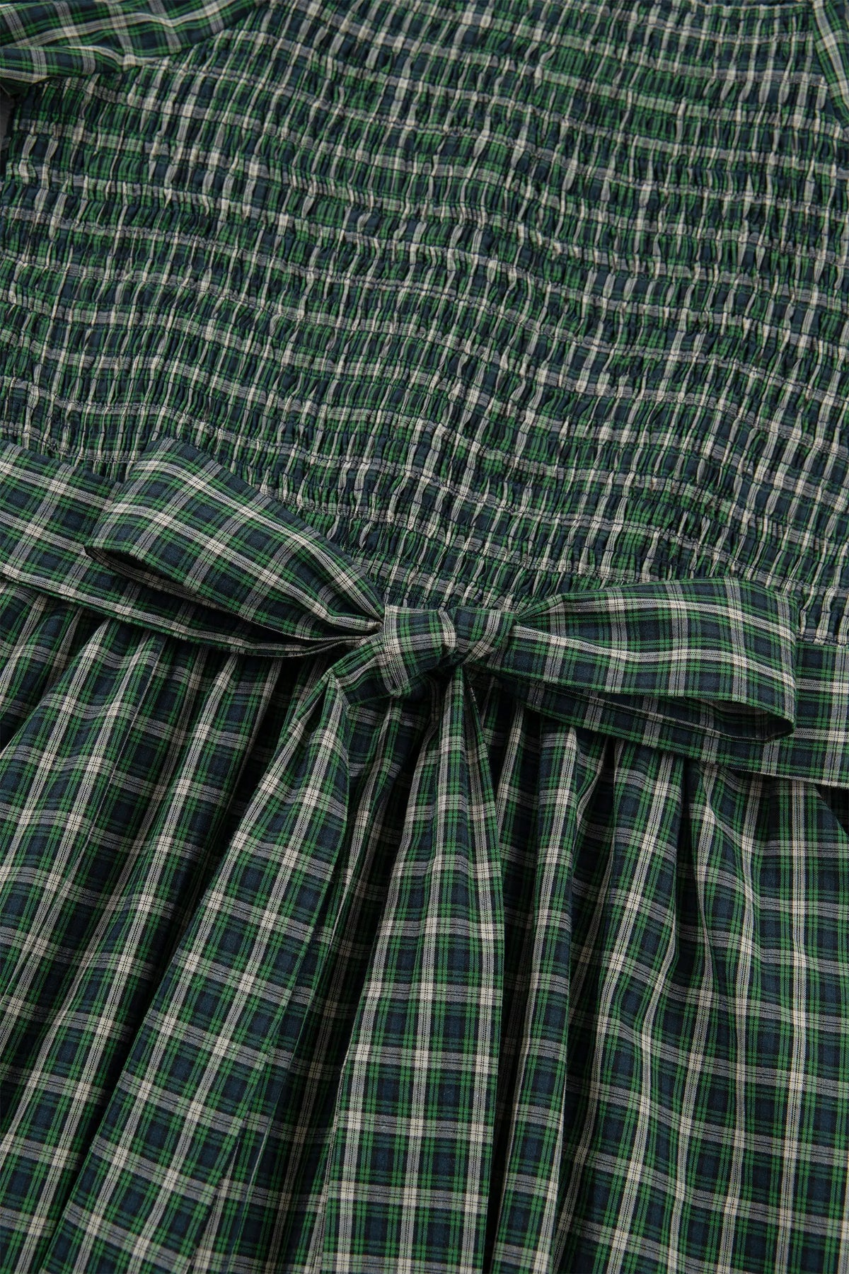 Plaid Square Neck Shirred High Waist Ruffle Hem Dress – Green