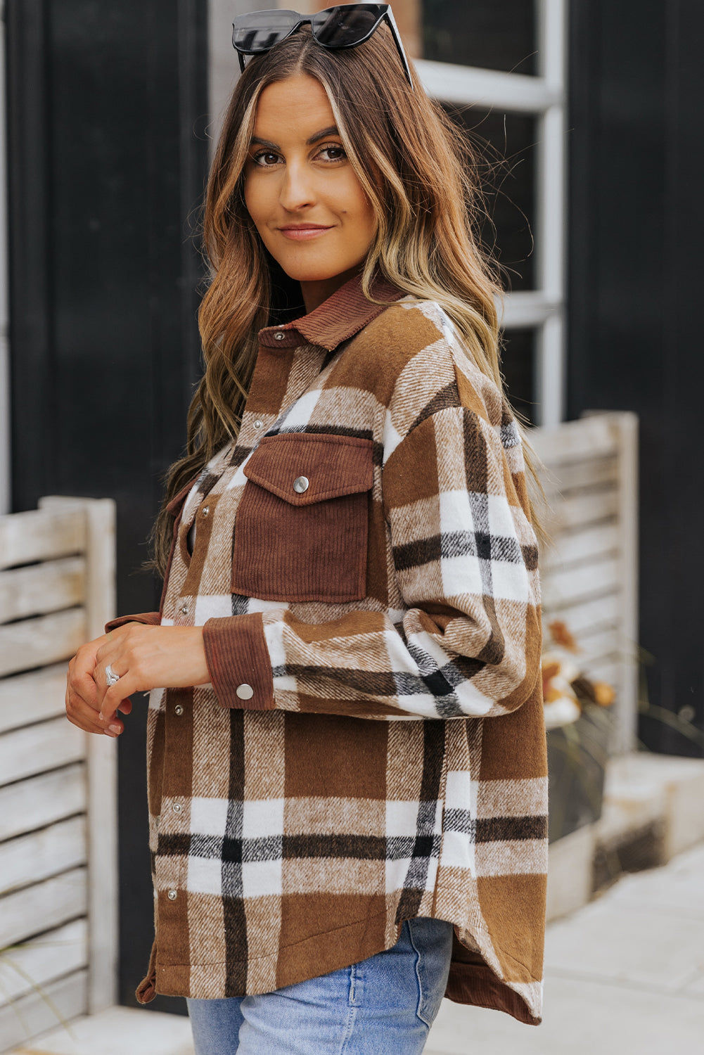Brown Pocketed Buttoned Plaid Shirt Jacket Beagle Boutique Fashion Outlet