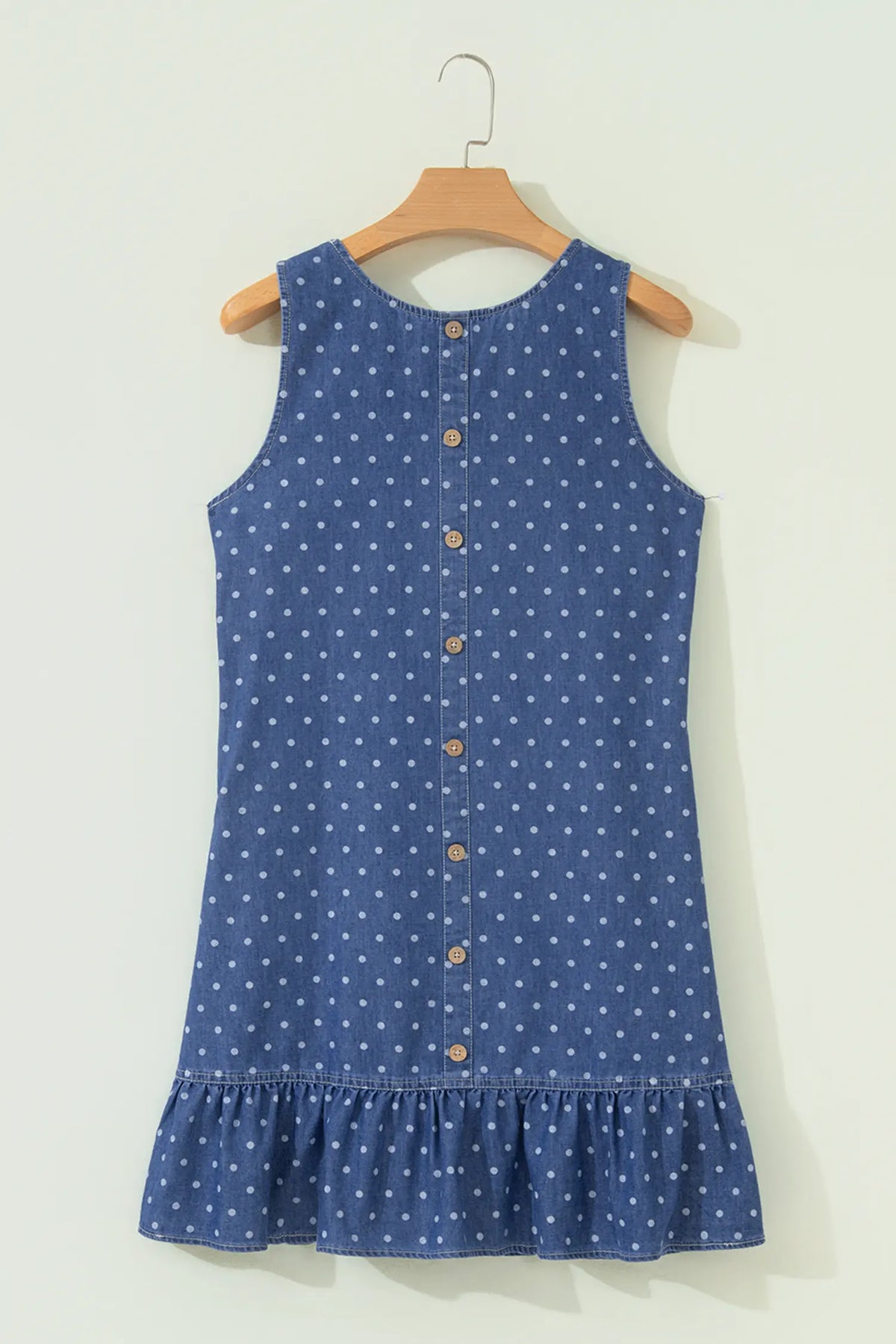 Polka Dot Ruffle Hem Sleeveless Denim Mini Dress – Blue
