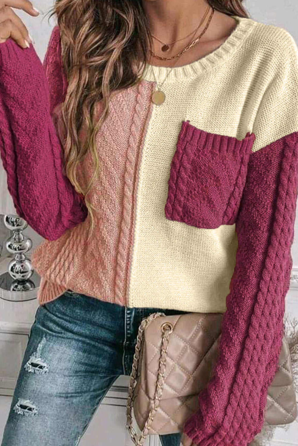 Rose Tan Colourblock Patched Pocket Drop Shoulder Sweater eAura