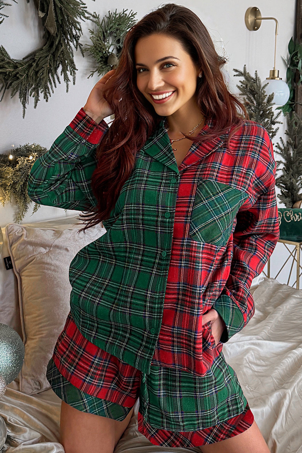 Red Plaid Contrast Patched Christmas Holiday Long Sleeve Shirt and Short 2pcs Pajama Set - eAura