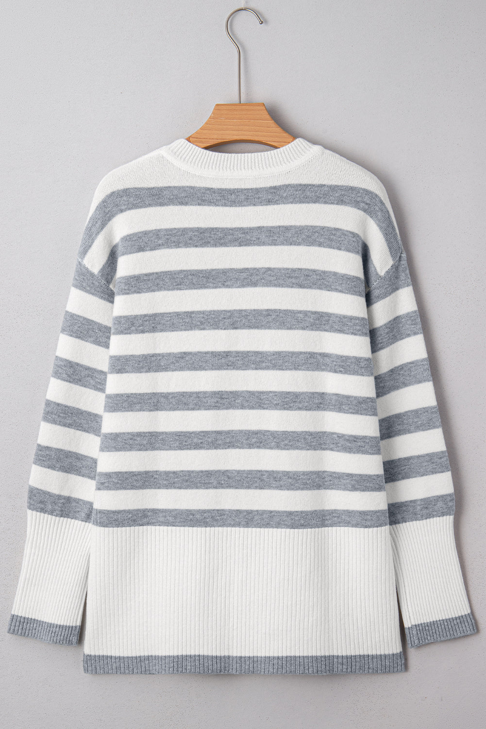 Grey Stripe Ribbed Buttoned Detail Drop Shoulder Tunic Sweater eAura