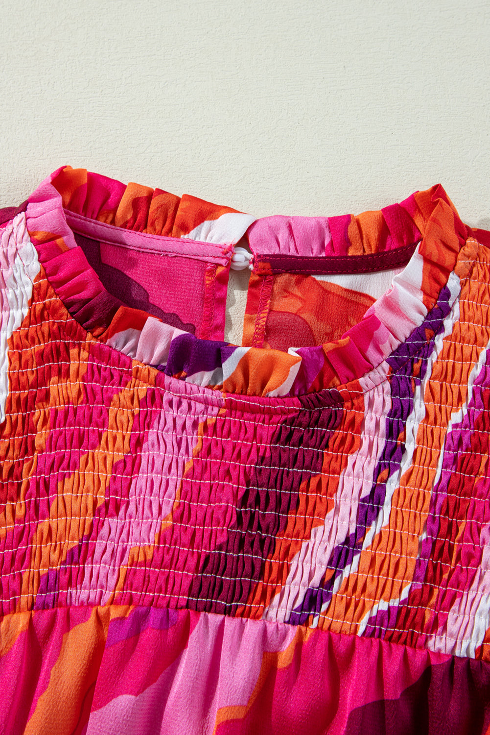 Rose Abstract Print Shirred Yoke Ruffled Blouse eAura