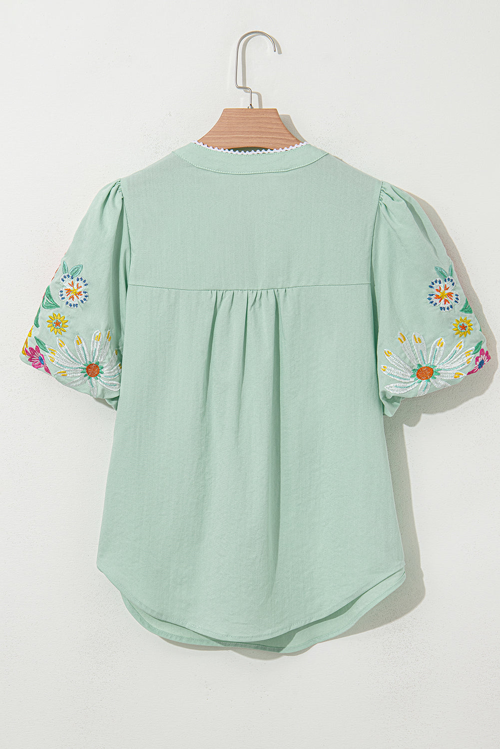 Floral Embroidered Puff Sleeve Split Neck Blouse eAura