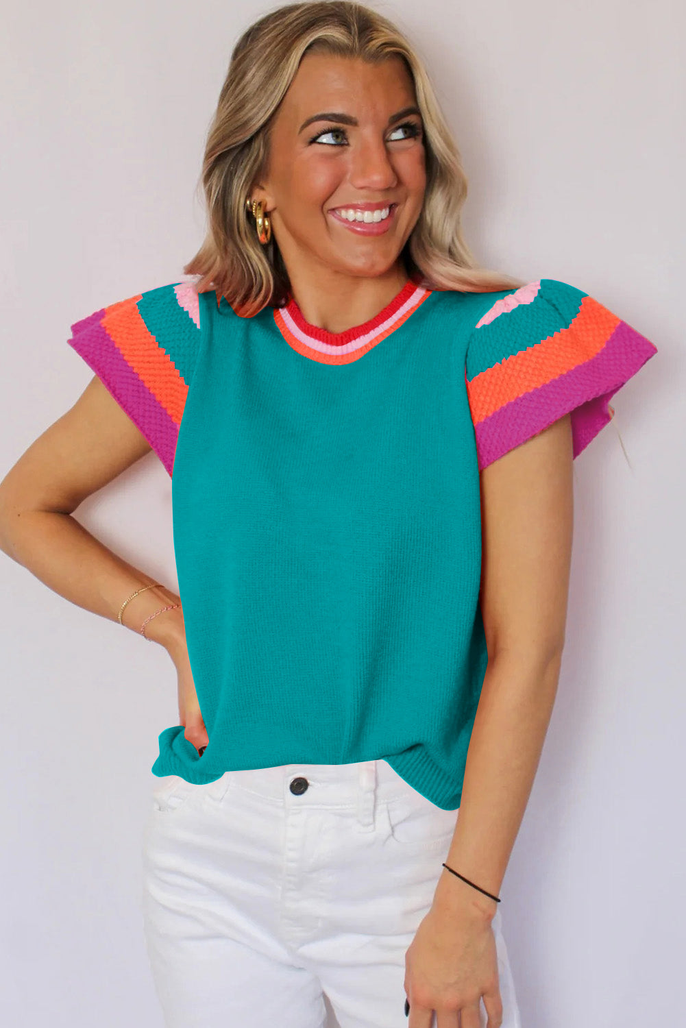 Turquoise Contrast Flutter Sleeves Knitted Sweater T Shirt eAura