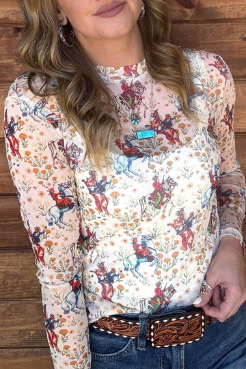 Western Cowboy Floral Print Sheer Mesh Long Sleeve Top – Beige