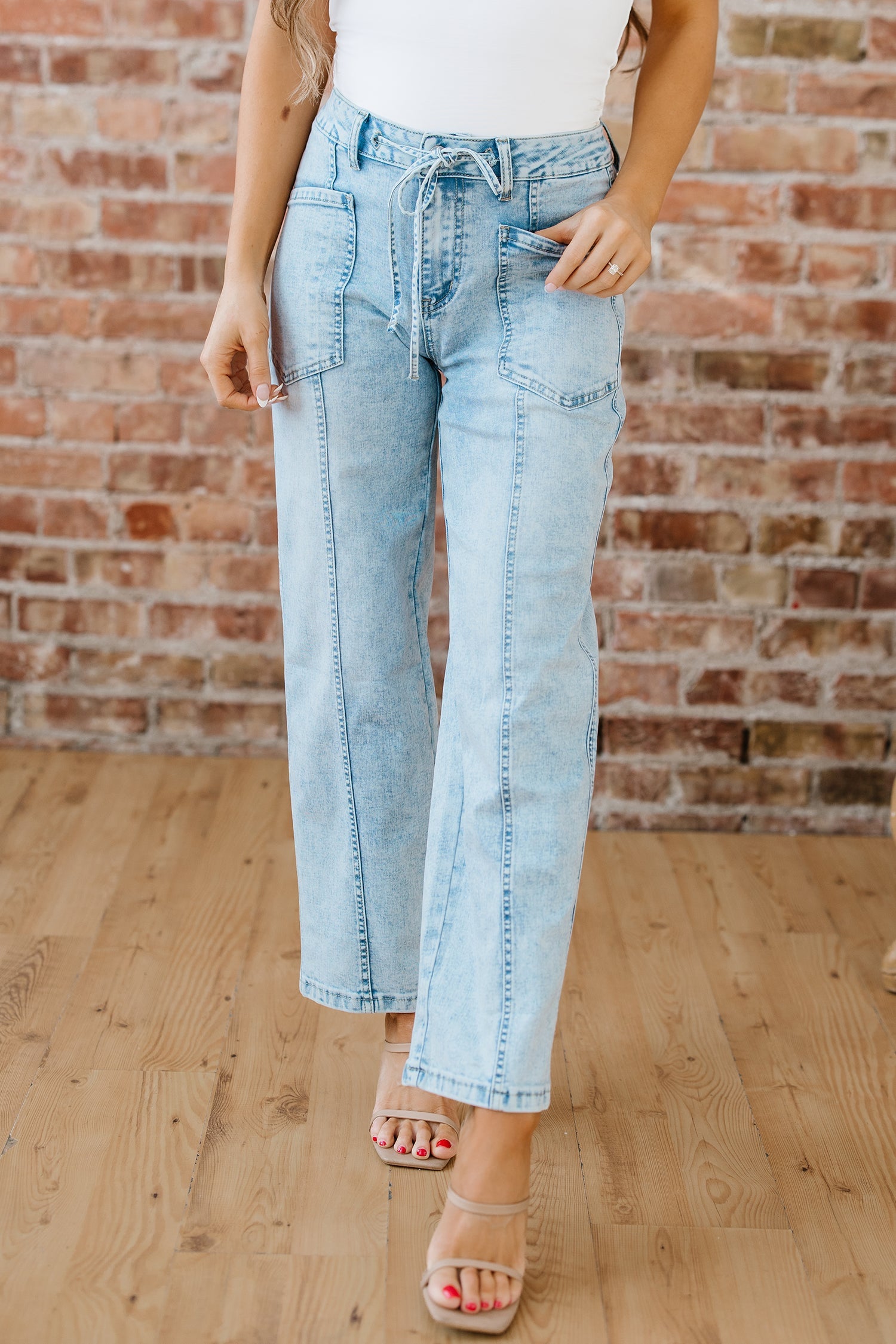 Exposed Stitch Detail Drawstring Barrel Jeans - Bottoms/Jeans