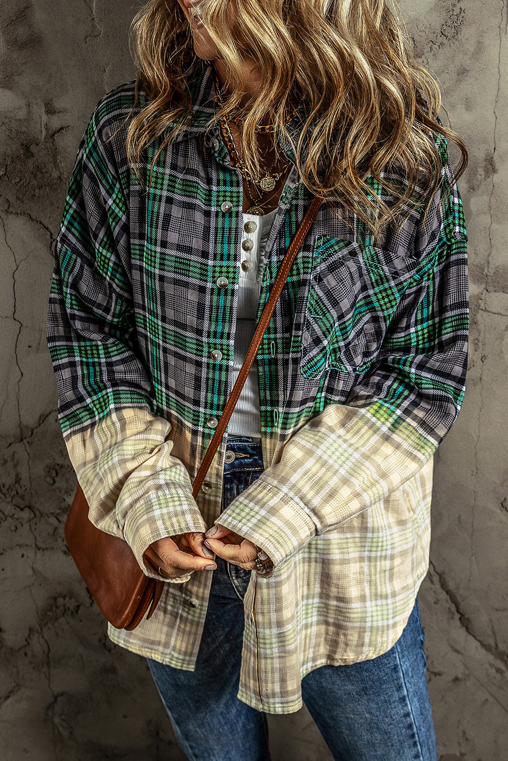 Blackish Green Contrast Plaid Patchwork Chest Pocket Button up Shacket eAura