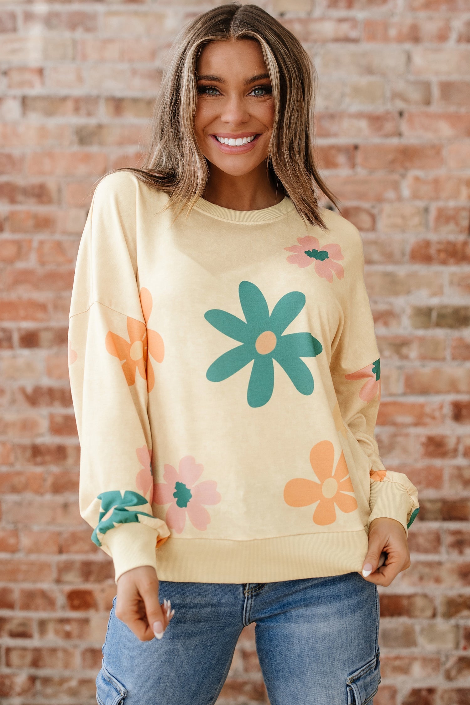 Mineral Washed French Terry Flower Print Sweatshirt - eAura