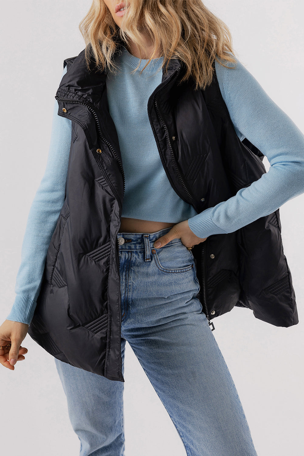 Black Quilted High Neck Zip Up Jacket Vest Beagle Boutique Fashion Outlet